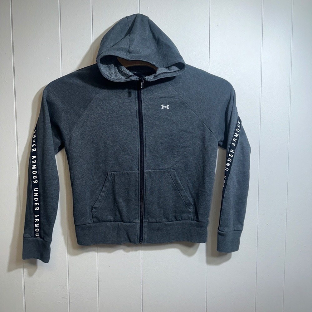 Under Armour Womens Gray Full Zip Hoodie Branded Tape Fleece Sweatshirt Size L